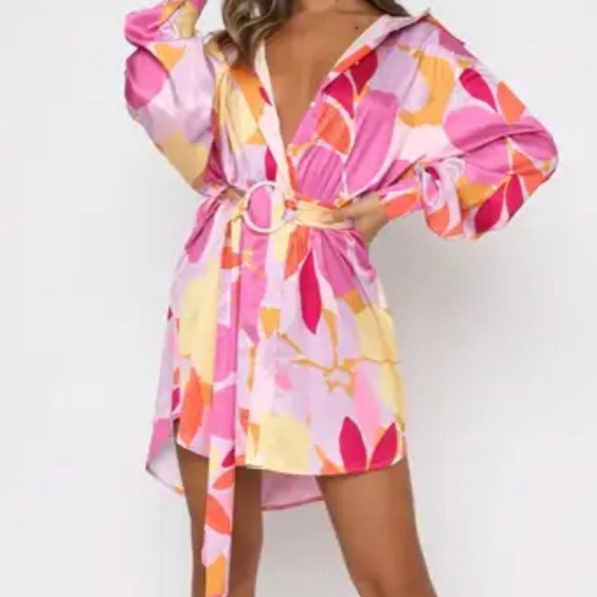White Fox Boutique Island Dream Floral Shirt Dress Pool Coveruo Belted Sz M/L